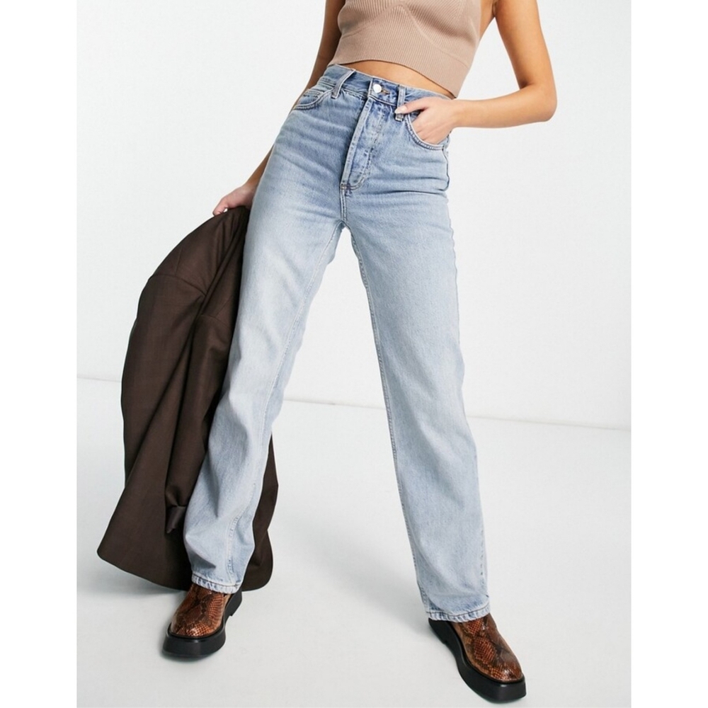 Topshop Kort Straight Leg Jeans High Rise Bleach Light Wash Blue Size 32 / 14